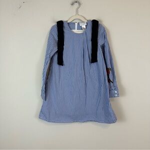 Oscar De La Renta | Girl's Blue and White Stripe Embroidered Long Sleeve Dress 8